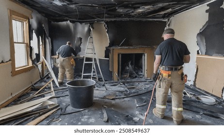 Fire damage restoration crew working in a burnt room