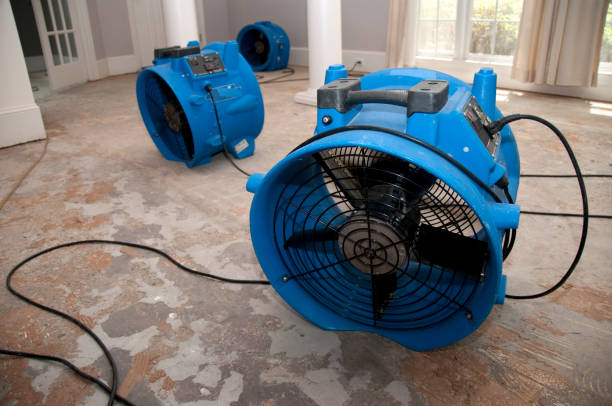 Industrial fans drying a water-damaged floor